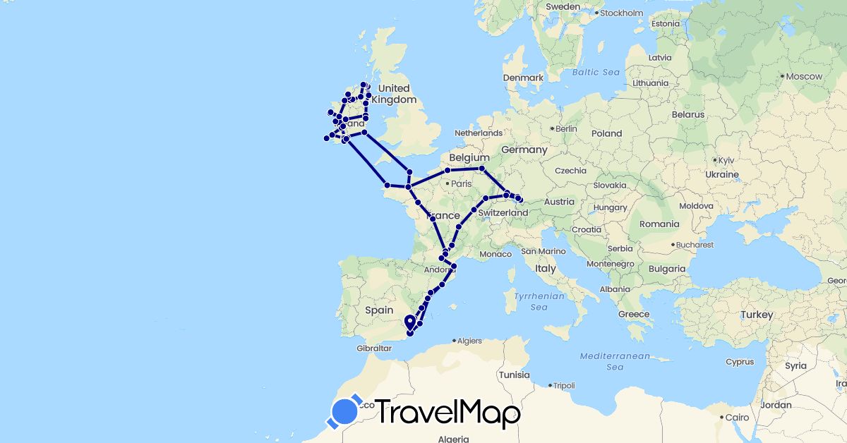TravelMap itinerary: driving in Germany, Spain, France, United Kingdom, Ireland, Luxembourg (Europe)